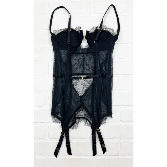 Victorias Secret Black Lacy Rhinestone Embellished Bustier Lingerie Size 34A - Picture 3 of 6